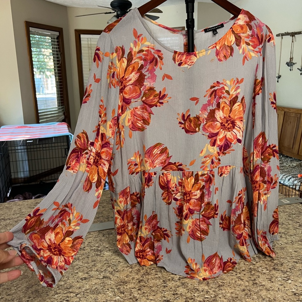 Staccato blue Grey orange pink red Floral button back draped blouse L